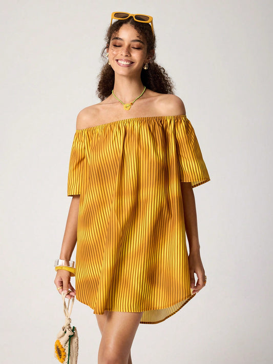 SV Pattern Studio Vestido informal de mujer con hombros descubiertos, parte delantera corta y parte trasera larga, vestido de verano