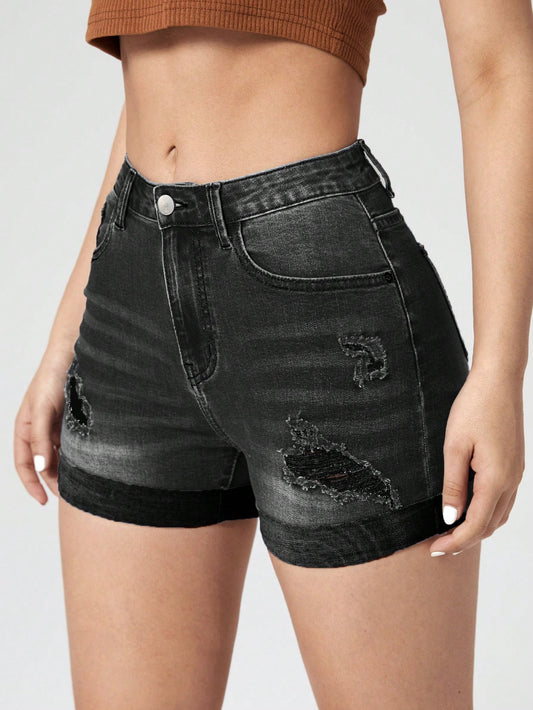 SHEIN Essnce Pantalones Cortos Rasgados De Mezclilla Slim Fit