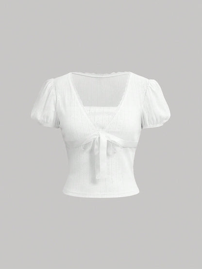 SHEIN MOD Camiseta De Manga Corta Con Mangas Abullonadas Para Mujer