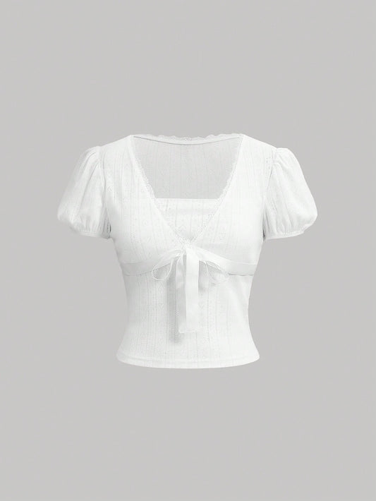 SHEIN MOD Camiseta De Manga Corta Con Mangas Abullonadas Para Mujer