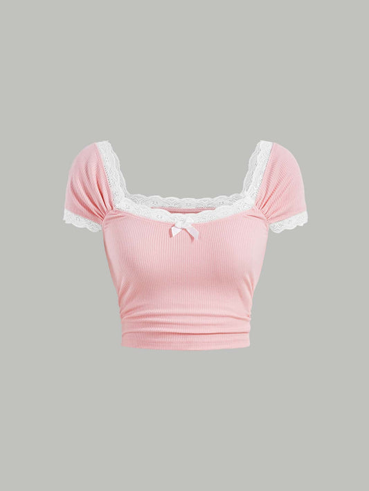 SHEIN MOD Camiseta con encaje en contraste con lazo delantero