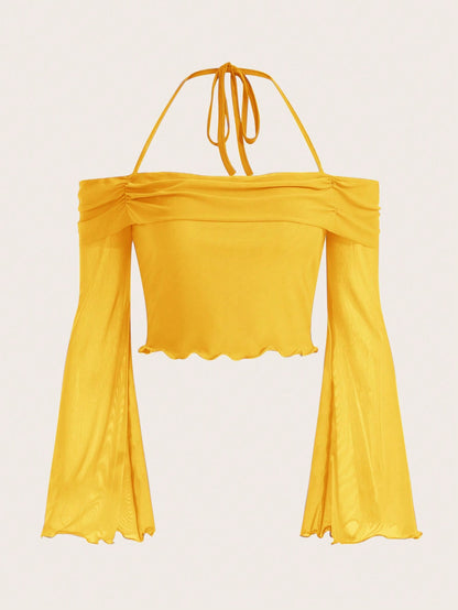 SHEIN ICON Top corto de primavera con cuello halter, manga de volante con ribete de lechuga y mujer top de tirantes y camisetas - 1779
