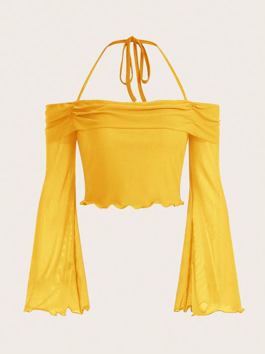 SHEIN ICON Top corto de primavera con cuello halter, manga de volante con ribete de lechuga y mujer top de tirantes y camisetas - 1779