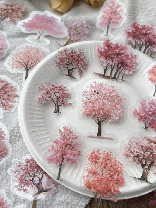 40 piezas de pegatinas PET de material de decoración de bricolaje con estilo INS de árboles de cerezo pequeños y frescos para Scrapbooking de paisajes