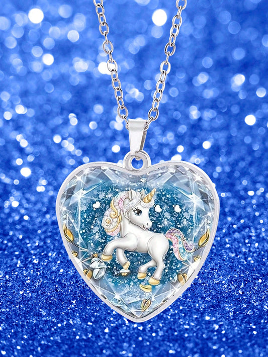 suteyi 1 Collar de vidrio con joya en forma de corazón y dibujo de pony para niños, como regalo para amigos y familiares