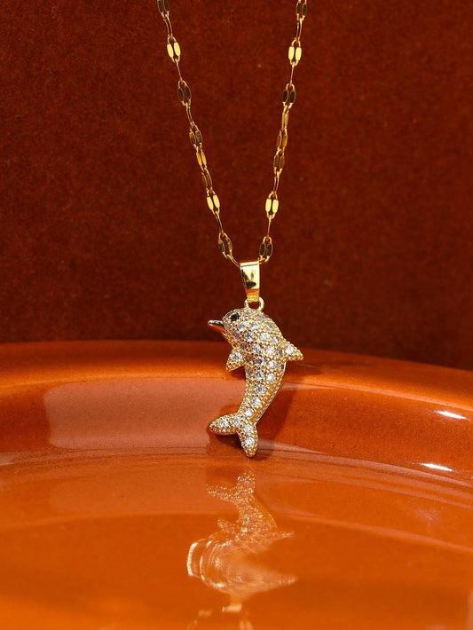 1 Pieza Colgante De Delfín De Cobre Con Microincrustaciones, Temática Oceánica, Cadena De Acero Inoxidable Con Labios Elegante E Inusual, Regalo De Bodas