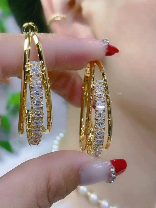 1 Par Lujosos Aretes Dorados De Diseño De Múltiples Capas De Diamantes De Imitación, Elegantes Y Versátiles, Joyería De Alta Calidad Para Mujeres