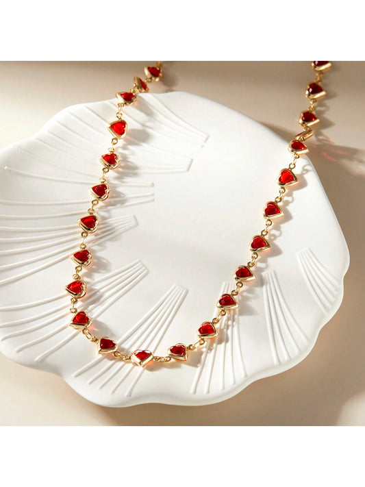 1 pieza Collar de corazón rojo, cadena de cuello de moda para mujer de estilo fresco, collar de colgante con forma de corazón