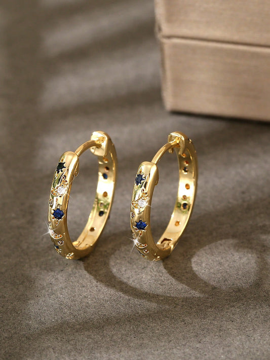 1 Par De Aretes De Aro En Forma De Estrella, Luna Y Redondos, De Cobre De Lujo Con Incrustaciones De Colores Múltiples, El Regalo Perfecto Para Una Cita