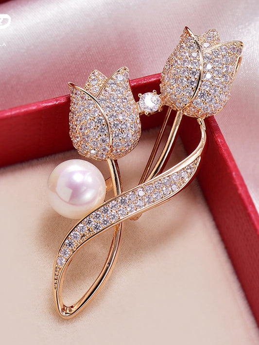 1 pieza Broche con diamante de imitación tulipán flor Broche anti reflejante Traje Broche cuello Alfiler Bisutería