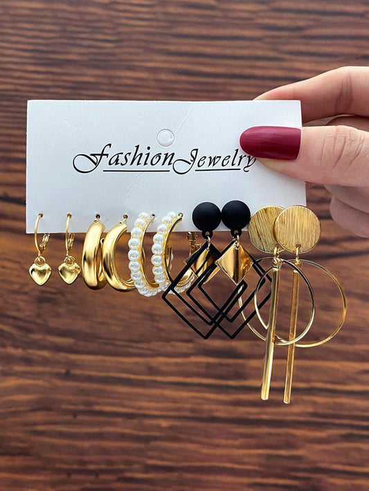 5 Pares/set Aretes Con Decoración De Corazón Y Perla Artificial Al Azar