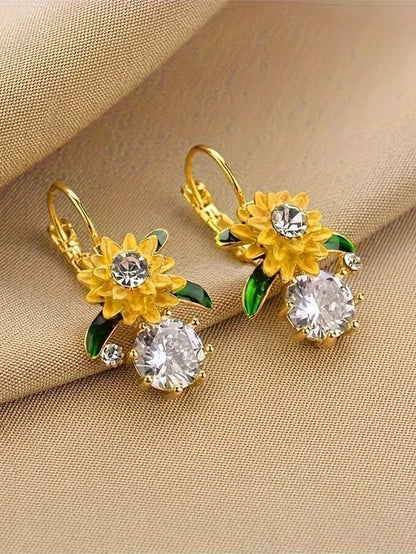 1 par de pendientes con colgante de cristal con diseño de girasol y gota de agua para mujeres