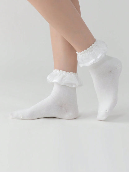 ROMWE Kawaii Calcetines de tubo con volantes de tejido de red de unicolor, casuales y dulces, para mujeres