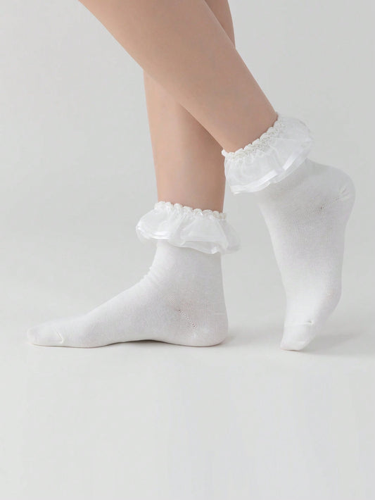 ROMWE Kawaii Calcetines de tubo con volantes de tejido de red de unicolor, casuales y dulces, para mujeres