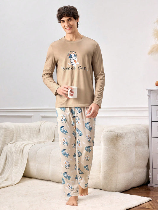 Conjunto de ropa de estar en casa con camisa de cuello redondo de manga larga y pantalones casuales con estampado total para hombre