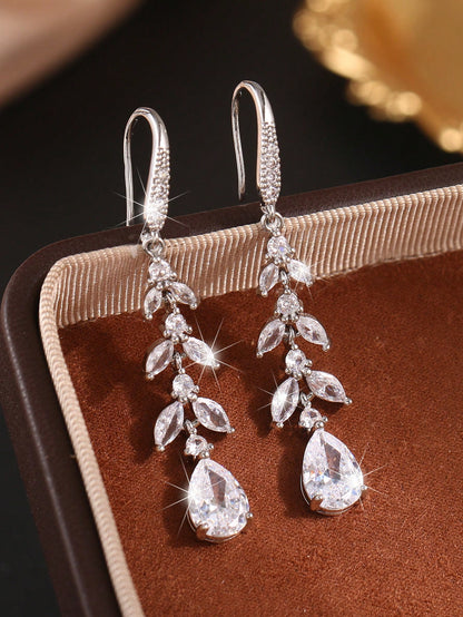 2 piezas Pendientes colgantes largos con hoja, chapados en plata con circonita cúbica, pendientes de lujo para novia, boda, joyería de compromiso, aniversario, regalo para novia, esposa, pareja, San Valentín