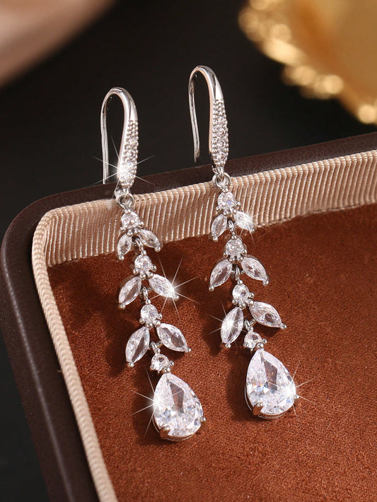 2 piezas Pendientes colgantes largos con hoja, chapados en plata con circonita cúbica, pendientes de lujo para novia, boda, joyería de compromiso, aniversario, regalo para novia, esposa, pareja, San Valentín