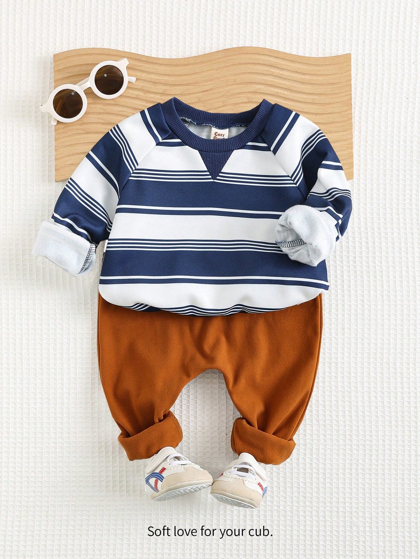 Cozy Pixies 2 piezas Conjunto de parte superior de manga larga de cuello redondo a rayas y pantalón con puños elásticos para bebé niño, ropa para bebé niño