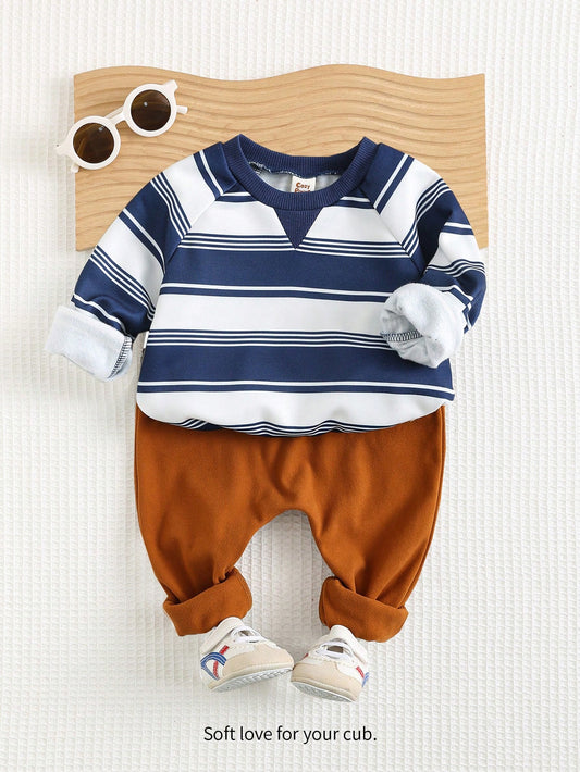 Cozy Pixies 2 piezas Conjunto de parte superior de manga larga de cuello redondo a rayas y pantalón con puños elásticos para bebé niño, ropa para bebé niño
