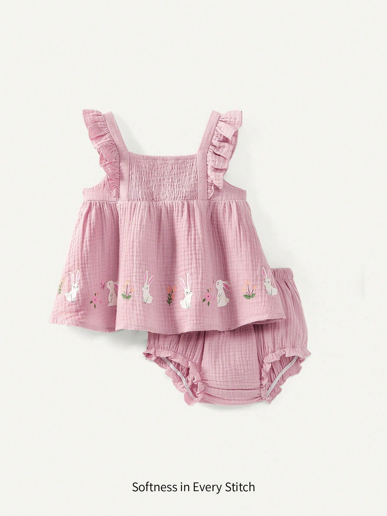 Cozy Pixies Conjunto casual para bebé niña con blusa de cuello cuadrado estampada con flores y conejos con ribete de volantes, y pantalón corto tipo bombacho