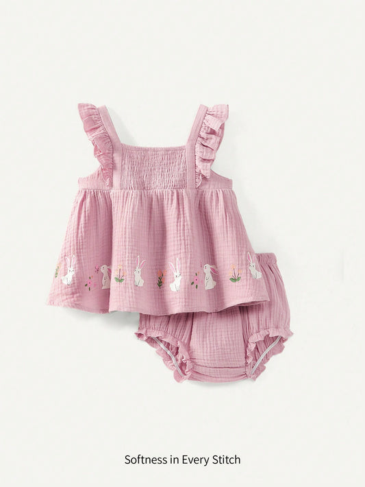 Cozy Pixies Conjunto casual para bebé niña con blusa de cuello cuadrado estampada con flores y conejos con ribete de volantes, y pantalón corto tipo bombacho