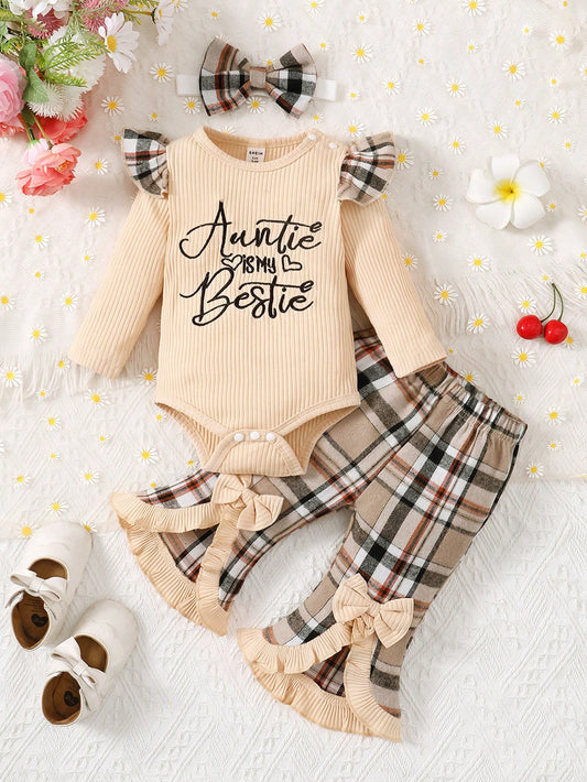Bebé niña con estampado de slogan ribete con fruncido Body & de cuadros con lazo delantero Pantalones acampanados con banda cabeza