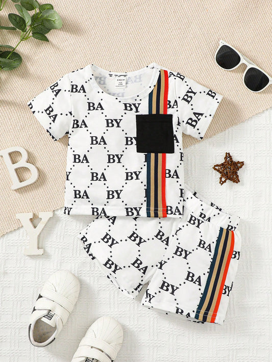 Bebé niño Conjunto shorts con camiseta con estampado de rayas y letra