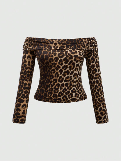ROMWE Hippie Camiseta de manga descubierta sexy con estampado de leopardo vintage para mujer de talla grande