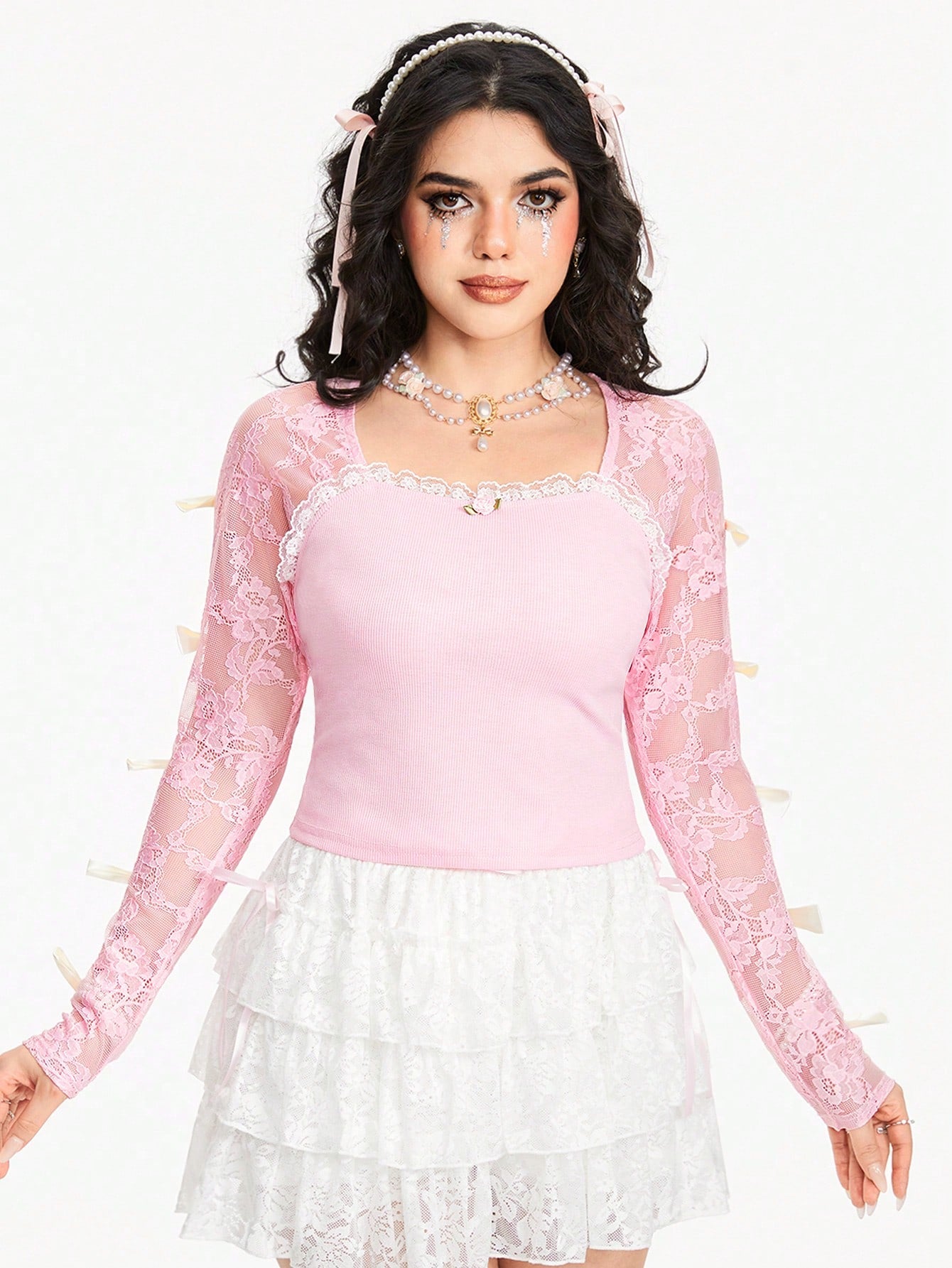 ROMWE Kawaii Camiseta de mujer de cuello cuadrado con parche de encaje, decoración de lazo y mangas largas, de unicolor
