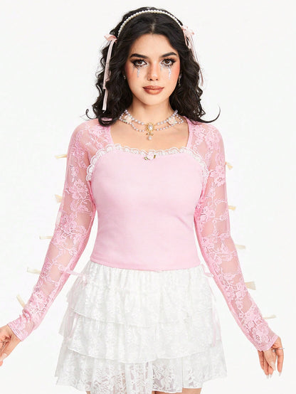 ROMWE Kawaii Camiseta de mujer de cuello cuadrado con parche de encaje, decoración de lazo y mangas largas, de unicolor