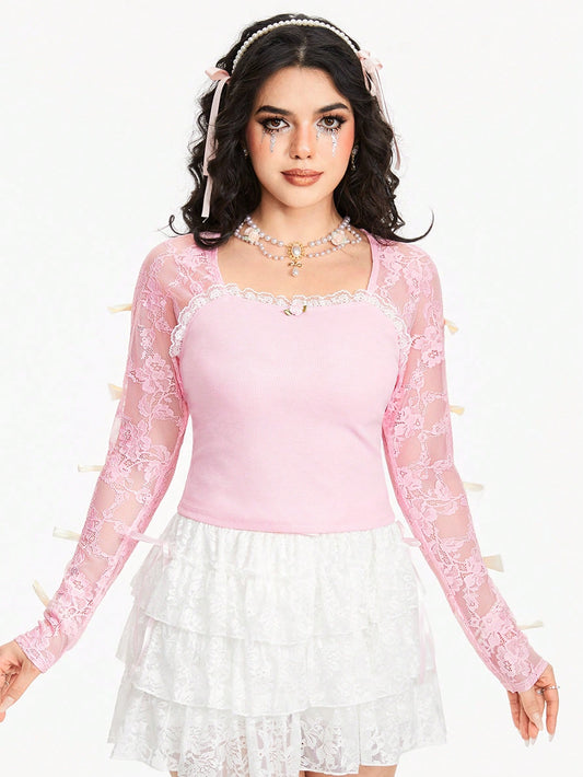 ROMWE Kawaii Camiseta de mujer de cuello cuadrado con parche de encaje, decoración de lazo y mangas largas, de unicolor