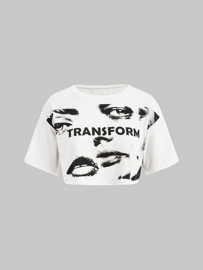 ROMWE Grunge Punk Camiseta Casual Blanca De Mujer De Estilo Urbano Con Retrato A Mano Alzada, Textura De Película Y Impresión De Letras