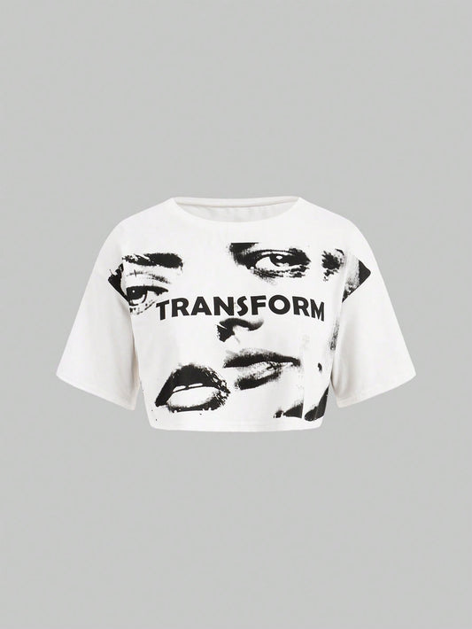ROMWE Grunge Punk Camiseta Casual Blanca De Mujer De Estilo Urbano Con Retrato A Mano Alzada, Textura De Película Y Impresión De Letras