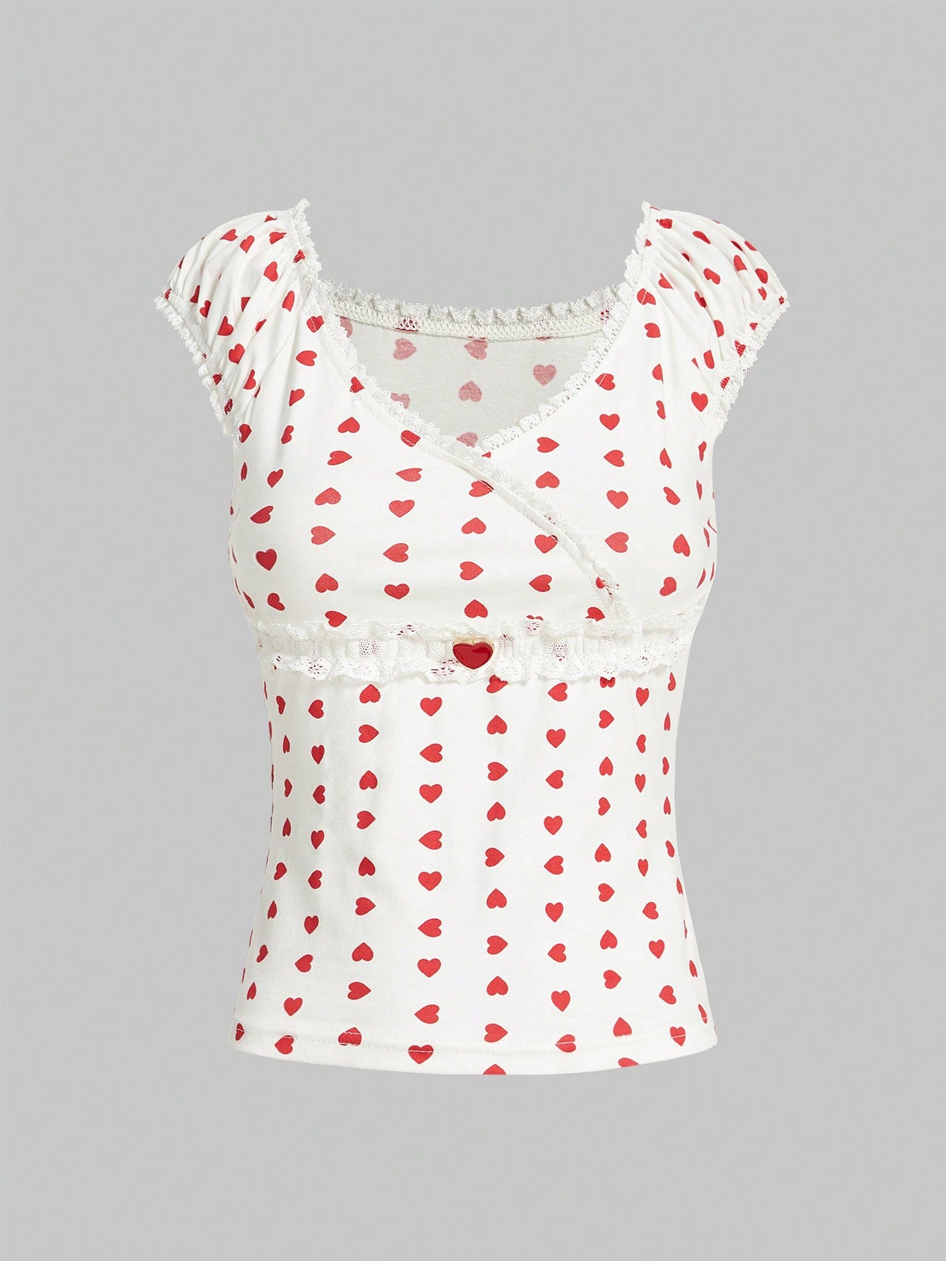 ROMWE Kawaii Camiseta Con Estampado De Corazón Y Ribete De Encaje