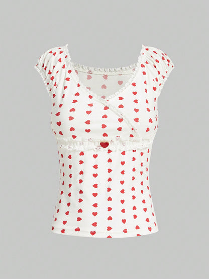 ROMWE Kawaii Camiseta Con Estampado De Corazón Y Ribete De Encaje