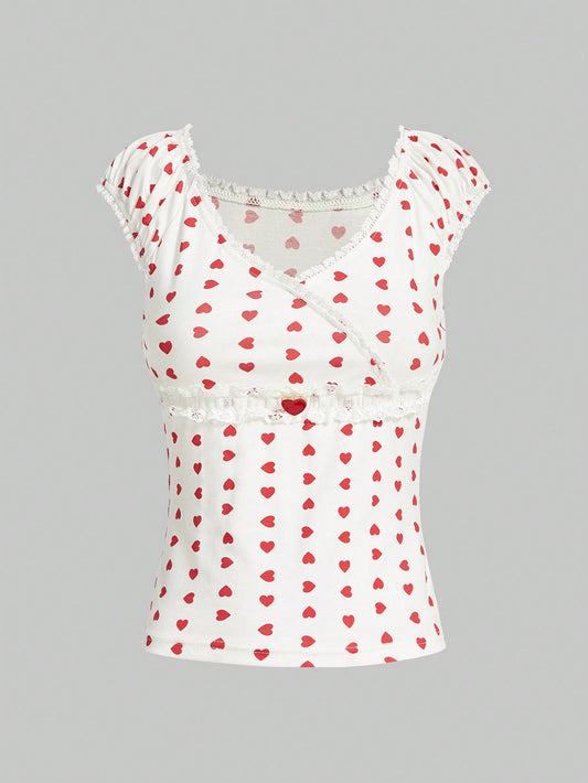 ROMWE Kawaii Camiseta Con Estampado De Corazón Y Ribete De Encaje