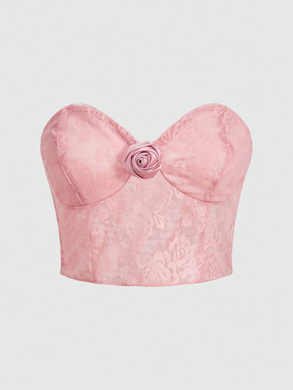 ROMWE Fairycore Top Rosa Sin Tirantes Con Flor De Rosa En 3d Para Mujeres