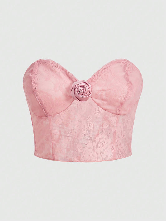 ROMWE Fairycore Top Rosa Sin Tirantes Con Flor De Rosa En 3d Para Mujeres