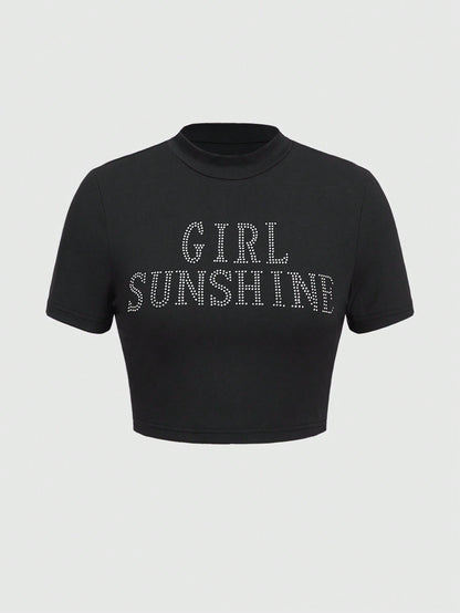 ROMWE Grunge Punk Camiseta de mujeres de manga corta con tachuela diamante de imitación
