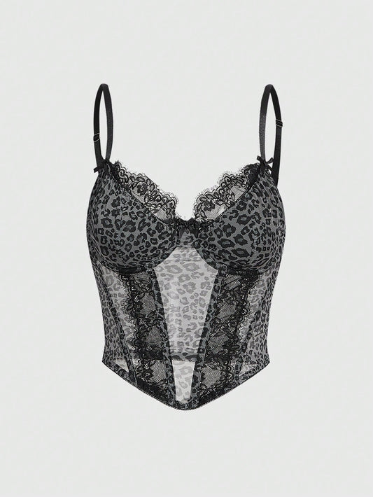 ROMWE Grunge Punk Parte superior de camiseta con encaje de contraste y estampado de leopardo, escolar