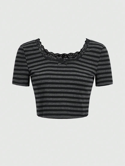 ROMWE Playera Corta De Tirantes De Rayas Con Borde De Encaje Para Mujer