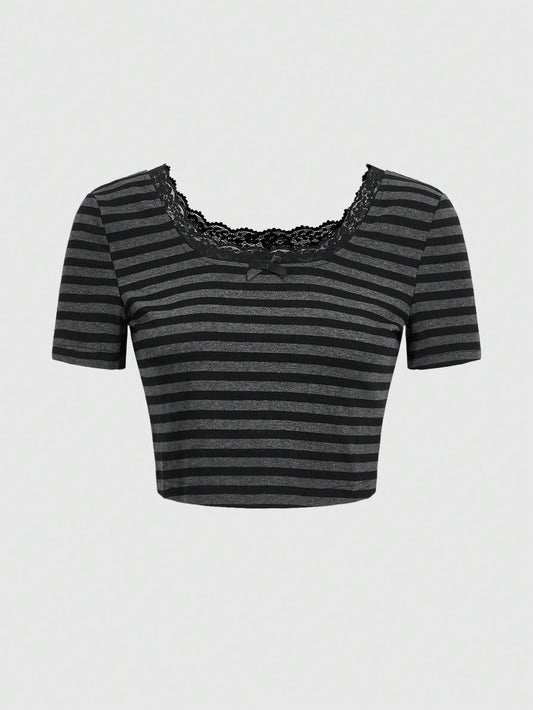 ROMWE Playera Corta De Tirantes De Rayas Con Borde De Encaje Para Mujer