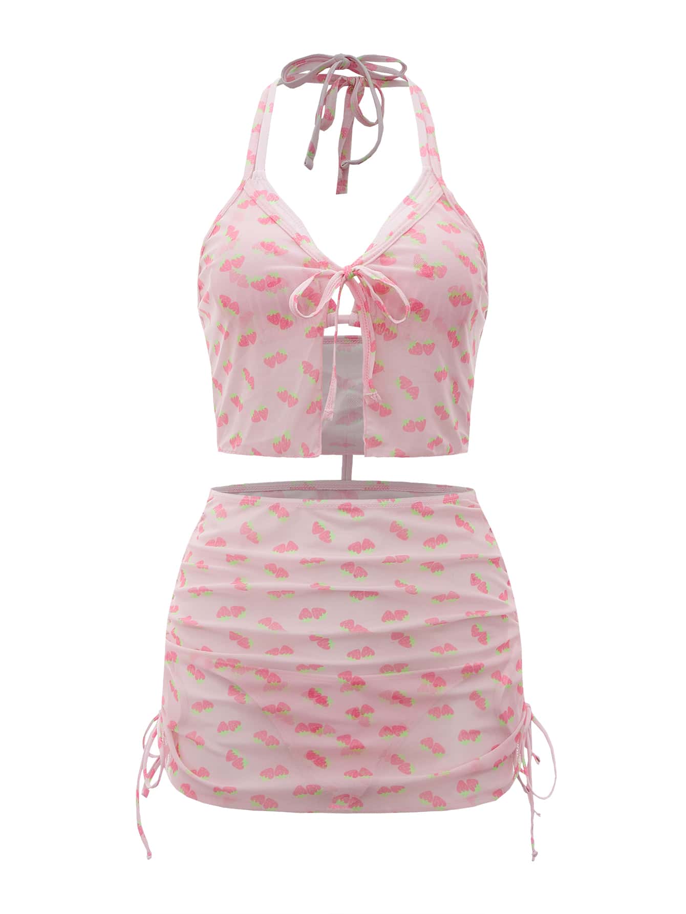ROMWE Kawaii Conjunto de 4 paquetes de bikini con estampado de fresa con parte superior halter y lazos laterales y cubierta a juego
