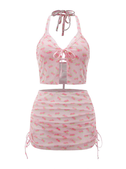 ROMWE Kawaii Conjunto de 4 paquetes de bikini con estampado de fresa con parte superior halter y lazos laterales y cubierta a juego