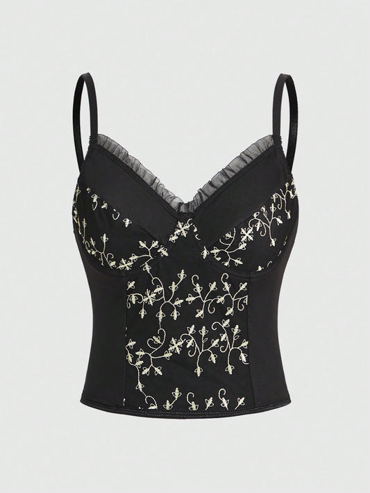 ROMWE Goth Bralette Camisero Bordado Con Aros Para Mujer