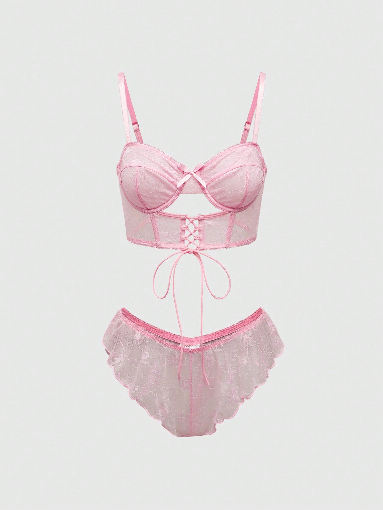 ROMWE Kawaii Conjunto de lencería sexy romántica y dulce con sujetador de encaje con aros, cruzado con decoración de mariposas huecas y tiras en T