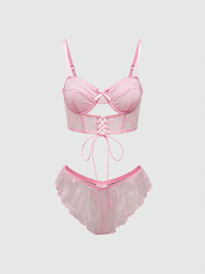 ROMWE Kawaii Conjunto de lencería sexy romántica y dulce con sujetador de encaje con aros, cruzado con decoración de mariposas huecas y tiras en T