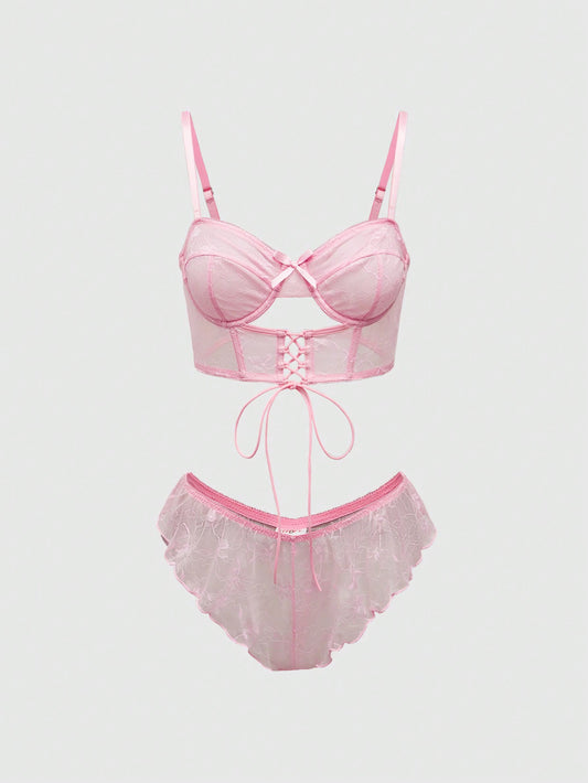 ROMWE Kawaii Conjunto de lencería sexy romántica y dulce con sujetador de encaje con aros, cruzado con decoración de mariposas huecas y tiras en T