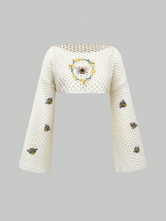 ROMWE Fairycore Suéter corto de cuello redondo oversize de manga larga con motivo de abeja, para la escuela