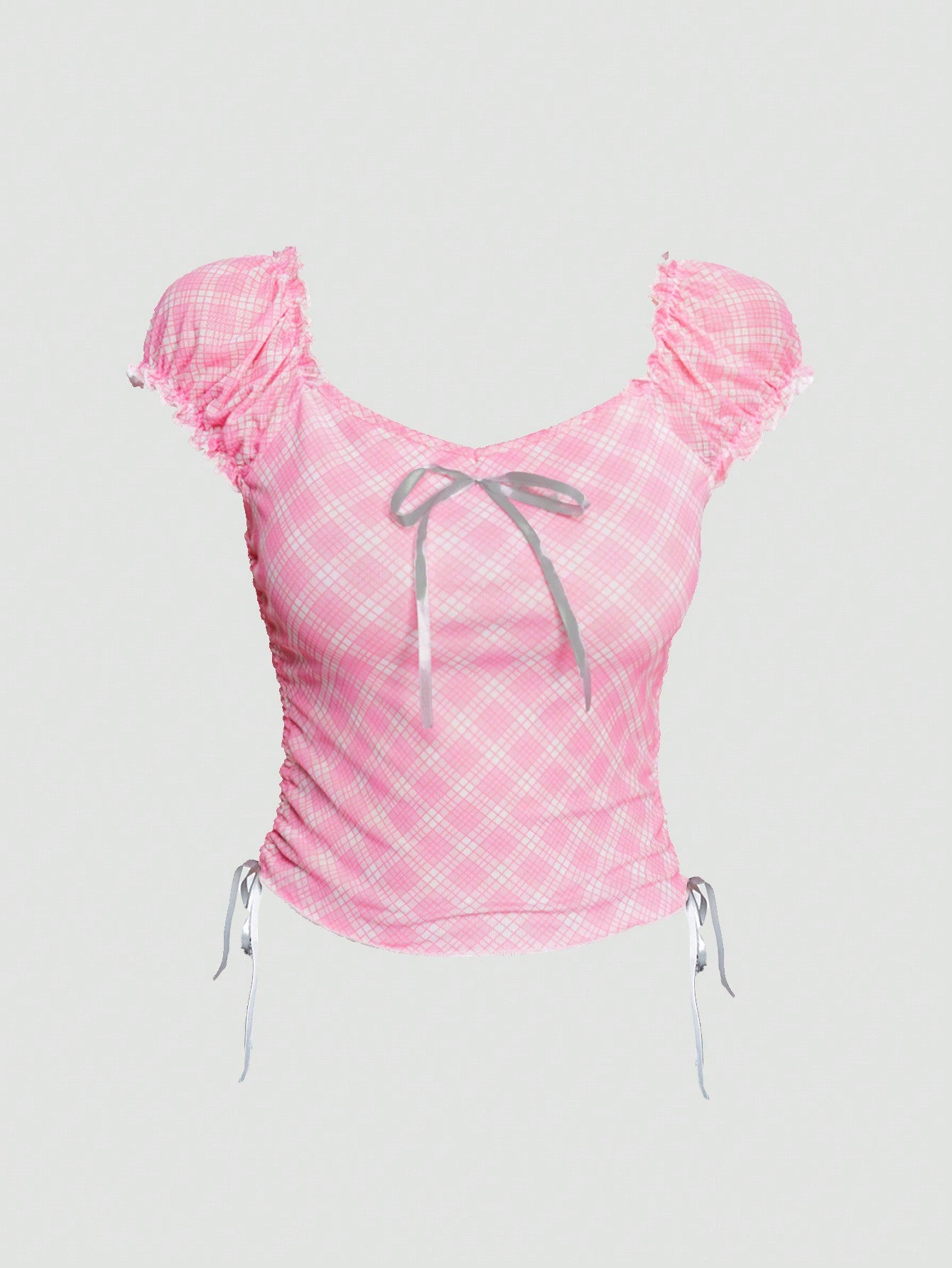 ROMWE Kawaii Camisa elegante de dama a cuadros rosa con manga abullonada, lazo de corbata en la cintura, fruncido en los lados y escote cuadrado bajo